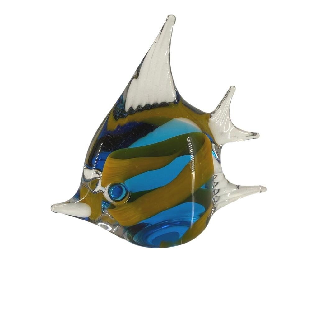 Vintage Silvestri Art Glass Tropical Fish Paperweight Figurine 4" Blue Yellow